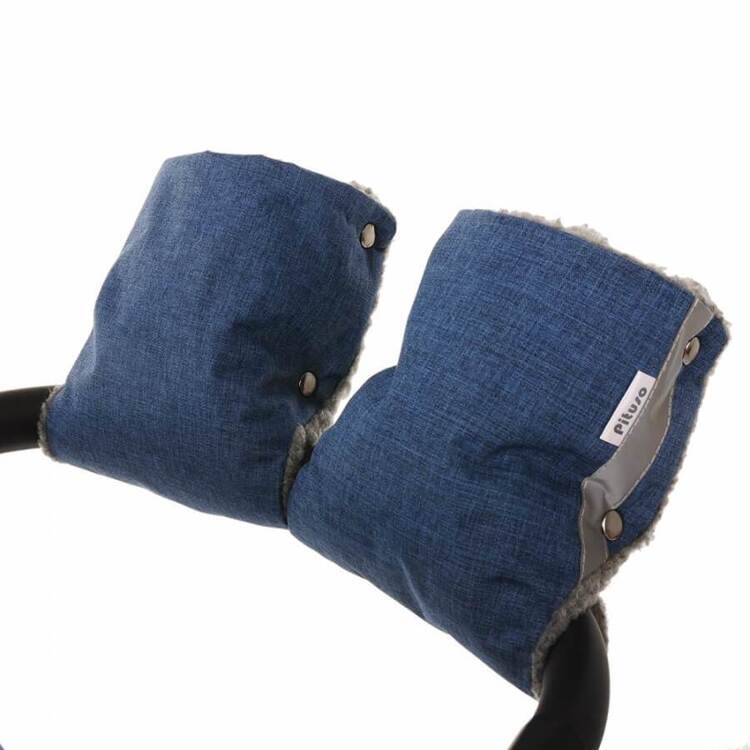 PITUSO Муфта-варежки на коляску шерстяной мех (белый) + плащевка Синий меланж Р067