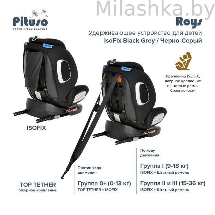 Детское автокресло Pituso Roys (0-36 кг) Black Grey/Черно-Серый
