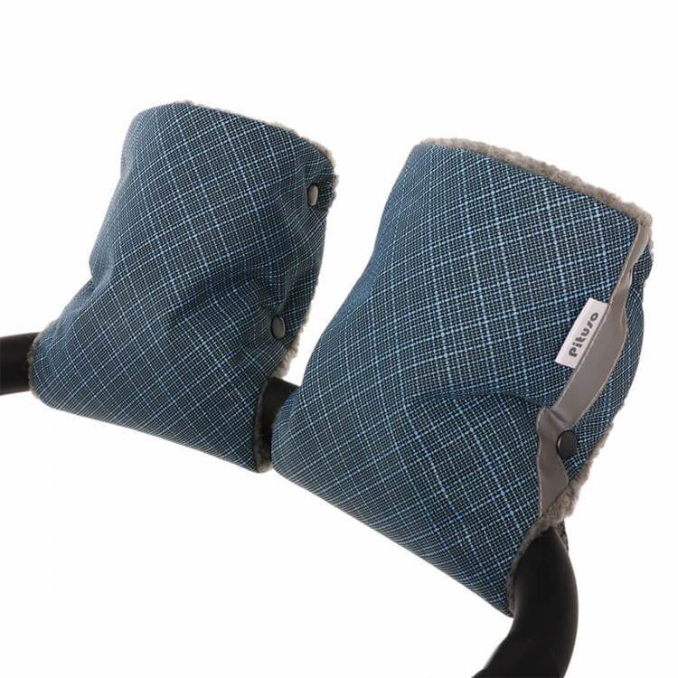 PITUSO Муфта-варежки на коляску шерстяной мех (серый) + плащевка Синий бамбук Р066