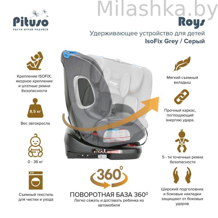 Детское автокресло Pituso Roys (0-36 кг) Grey/Серый