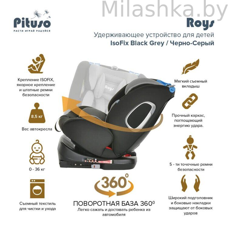 Детское автокресло Pituso Roys (0-36 кг) Black Grey/Черно-Серый