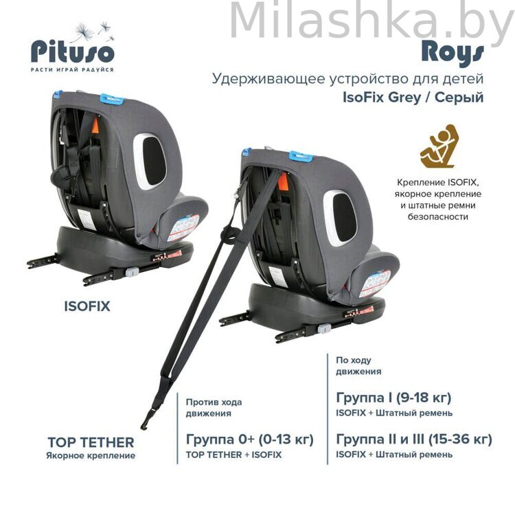 Детское автокресло Pituso Roys (0-36 кг) Grey/Серый